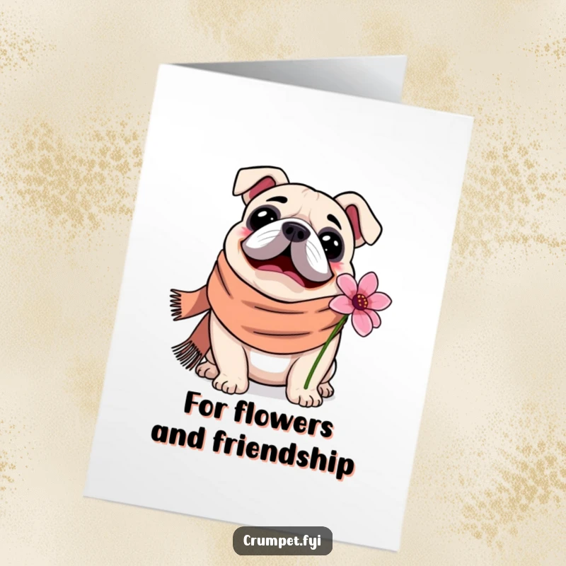 Funny Free Printable thank you card featuring a cozy bulldog with a scarf appreciating a lovely flower.