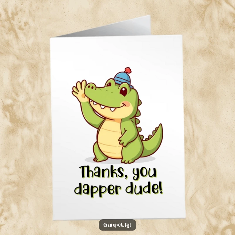 Funny Free Printable Crocodile Thank You Card: A smiling crocodile sporting a tiny hat waves, sending thanks.