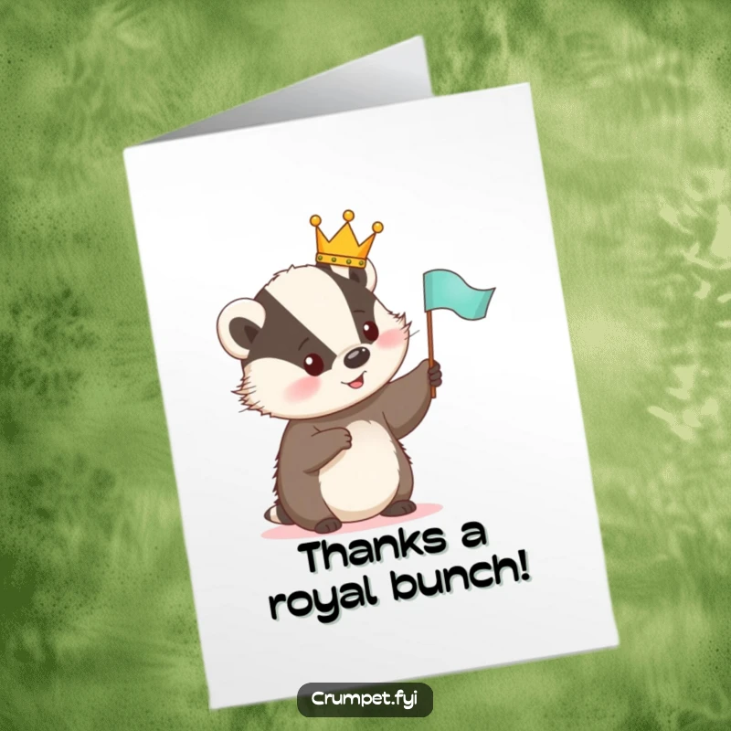 Funny Free Printable Thank You Card: A cute badger in a crown waves a flag, offering thanks with a regal flourish.