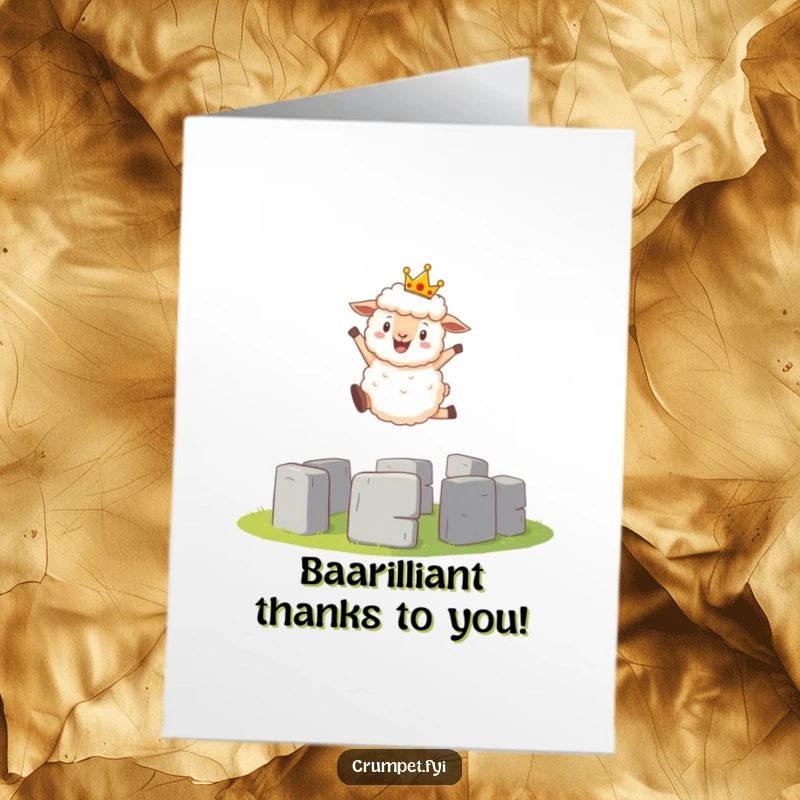 Funny Free Printable Thank You Card: A fluffy sheep with a crown leaps over mini Stonehenge, a quirky DIY gift.