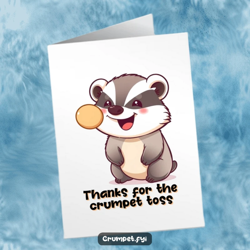 Funny Free Printable Thank You Card: A happy badger balancing a crumpet on the tip of its nose.
