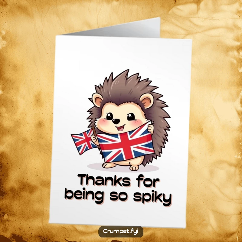 Funny Free Printable Thank You Card of a happy hedgehog holding a Union Jack flag, great for a cheerful thank you.