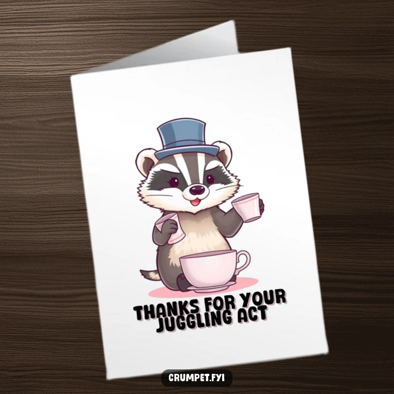 Funny Free Printable Thank You Card: A badger in a tiny top hat juggles teacups, a delightful display of thanks. Downloadable gift.