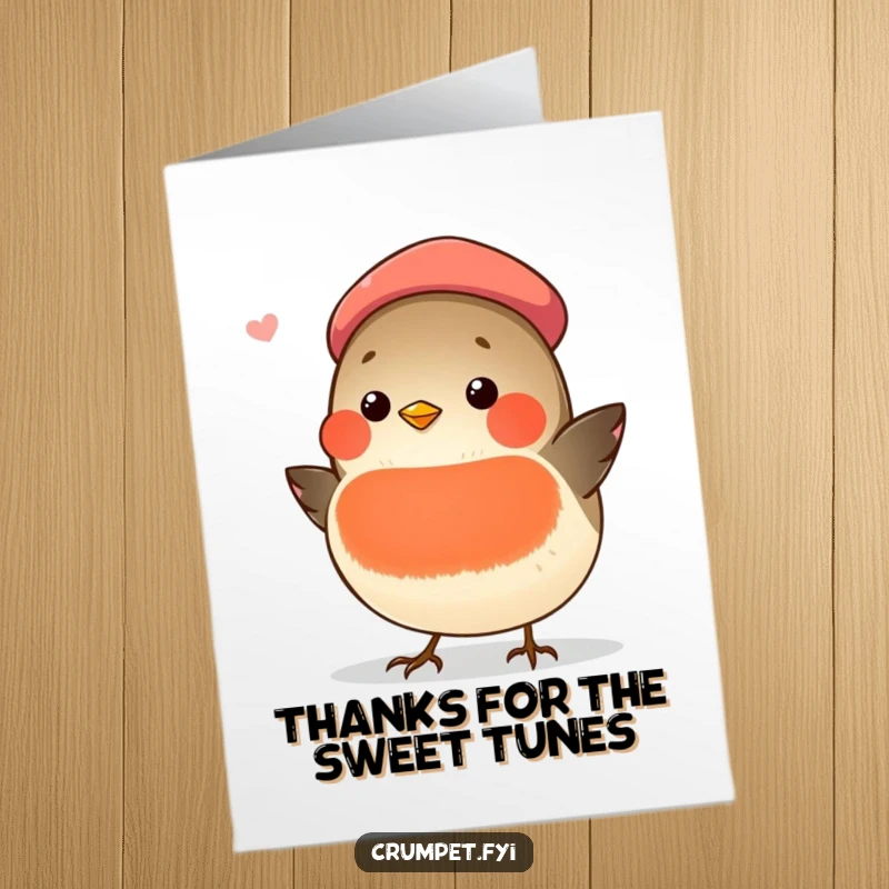 Funny Free Printable Thank You Card: Chubby Robin in Beret Singing a Gratitude Tune, Expressing Thanks