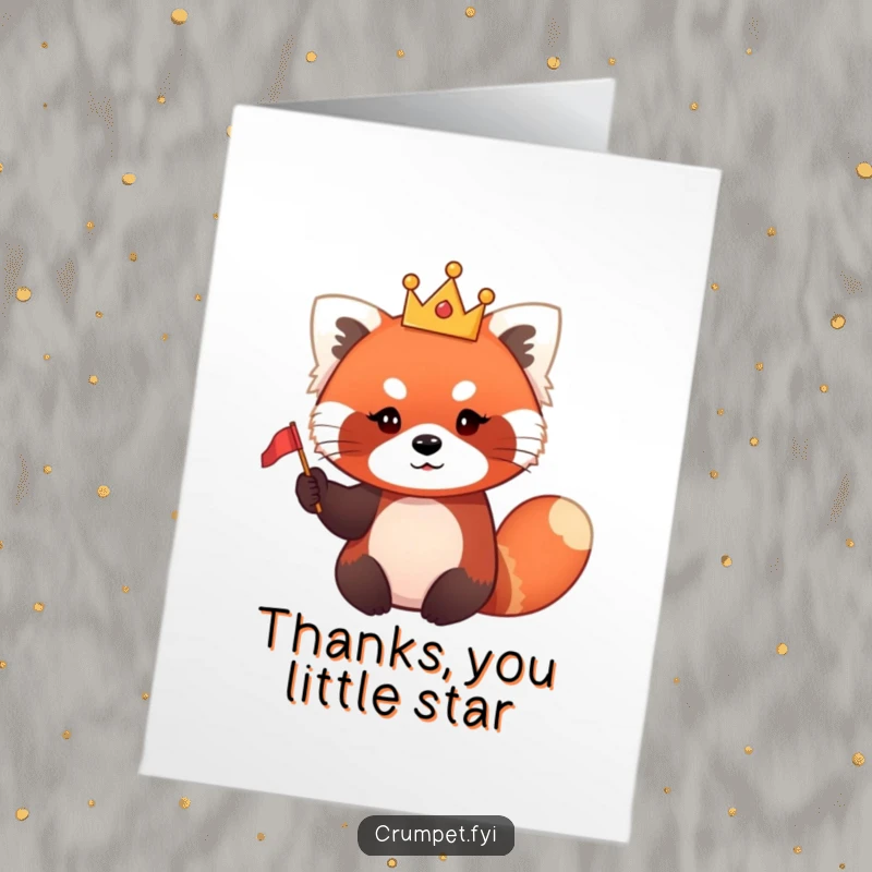 Funny Free Printable Thank You Card of a red panda in a tiny crown, waving a flag, sending warm thanks delightfully.