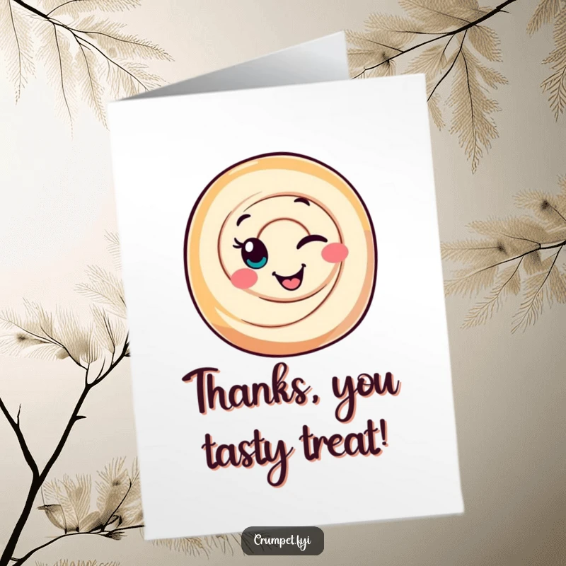 Funny free printable thank you card showing a cinnamon roll character giving a knowing wink.