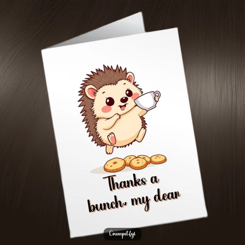 Funny Free Printable Thank You Card: Cheerful hedgehog leaping over biscuits with a teacup, a funny thank you.
