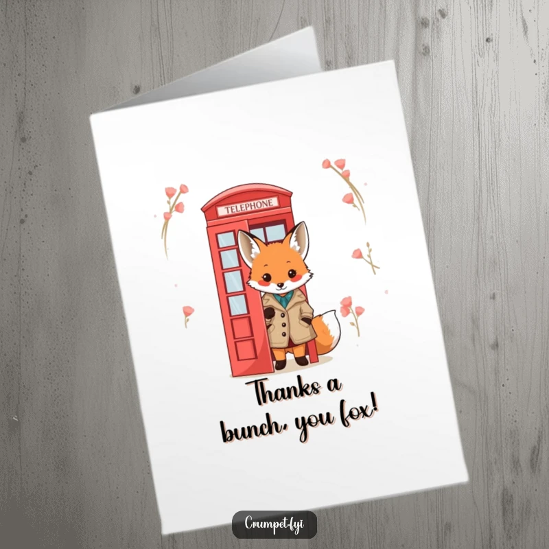 Funny Free Printable Thank You Card: Cute fox in a tweed jacket peeking from behind a red telephone box, a charming thanks.