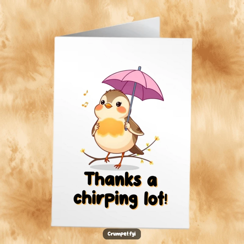Funny Free Printable Thank You Card: A cheerful robin holding a tiny umbrella chirps a delightful tune, conveying thanks.