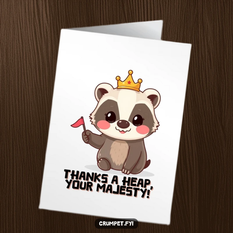 Funny Free Printable Thank You Card: A smiling badger in a tiny crown waves a small flag, offering thanks.