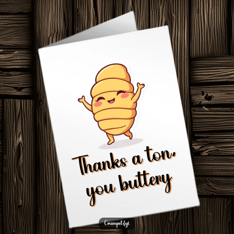 Funny Free Printable Thank You Card: A happy croissant character doing a silly dance, a delightful and funny way to say thank you, easy print at home.