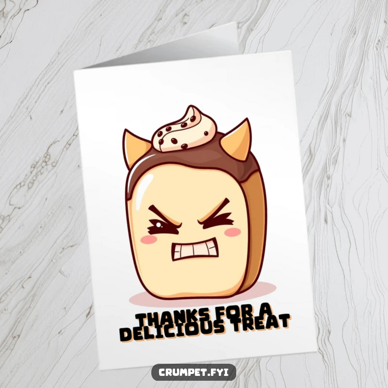 Funny Free Printable Thank You Card: Pain au chocolat character giving a devilish grin and a wink, expressing thanks with playful charm.