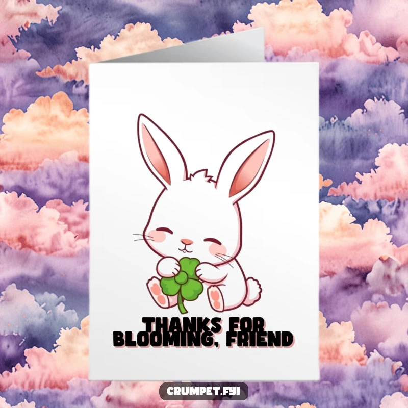 Funny Free Printable Thank You Card: A content rabbit with perked ears nibbles a garden flower, sending thanks.