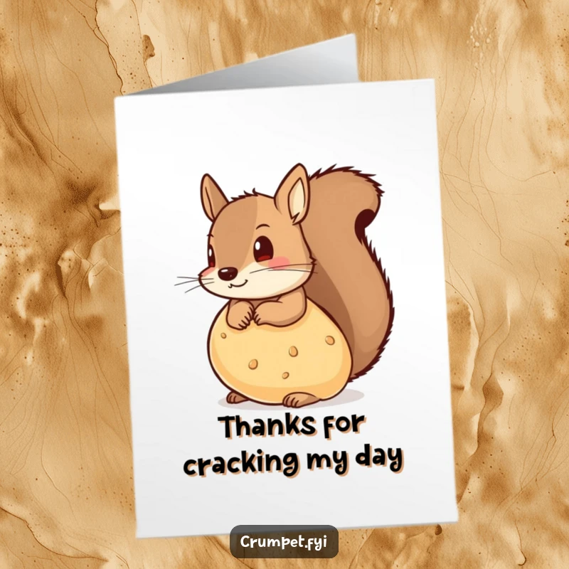 Funny free printable thank you card: a sneaky squirrel with wide eyes peeks from behind a tempting, oversized crumpet.