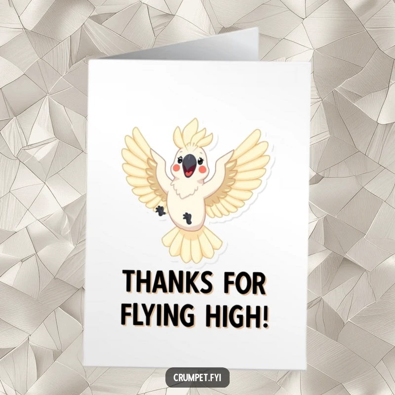 Funny Free Printable Cockatoo Thank You Card: A happy cockatoo with outstretched wings flies, conveying thanks.