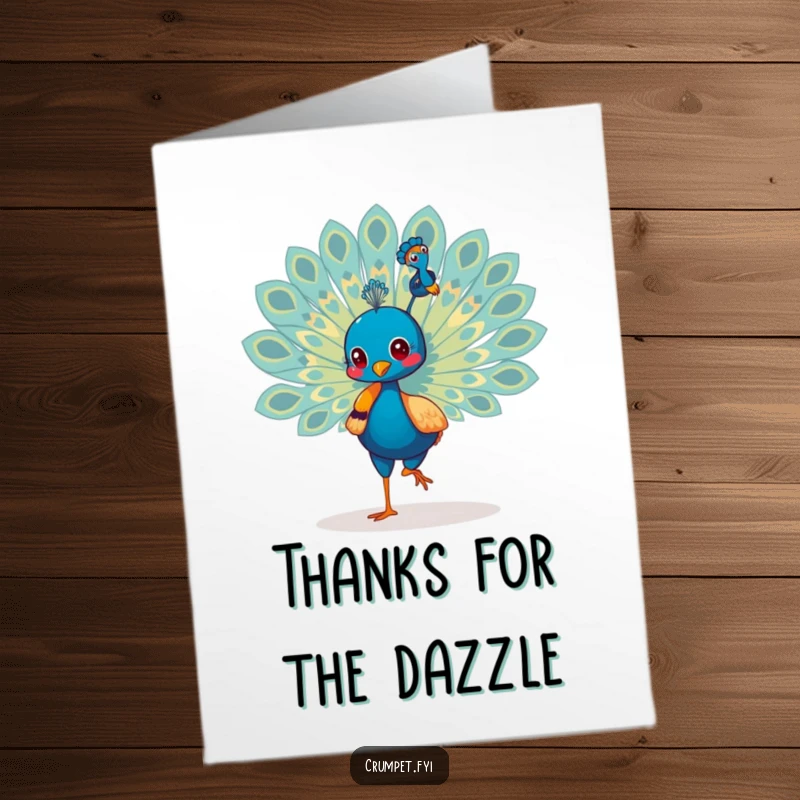 Funny Free Printable Thank You Card: A peacock struts proudly, fanning its incredible tail feathers as a grand gesture of thanks.