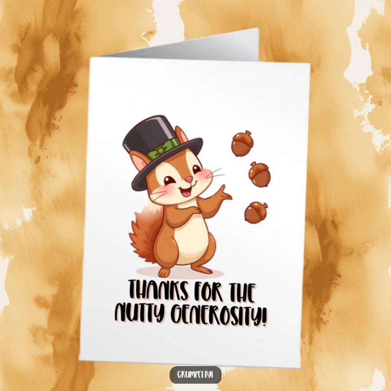 Funny Free Printable Thank You Card: A bowler-hatted squirrel gleefully juggles acorns, a unique DIY way to say thanks.