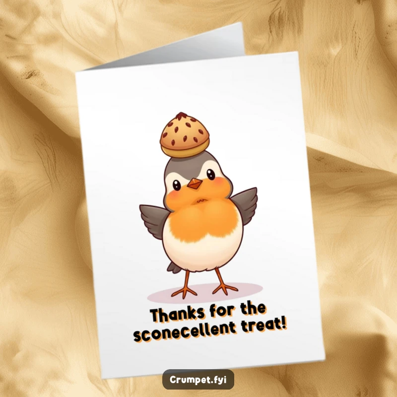 Funny Free Printable Thank You Card: A proud robin balances a scone on its head, offering thanks.
