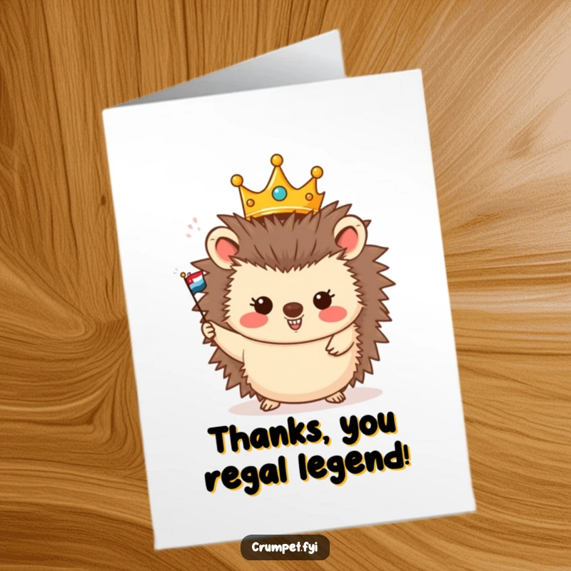 Funny Free Printable Thank You Card: A cheerful hedgehog wearing a crown happily waves a miniature flag, offering thanks with grace.