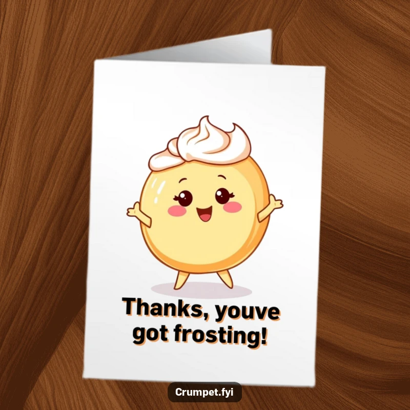 Funny Free Printable Thank You Card featuring a cheerful Danish pastry character with frosting hair, twirling happily to express thanks.