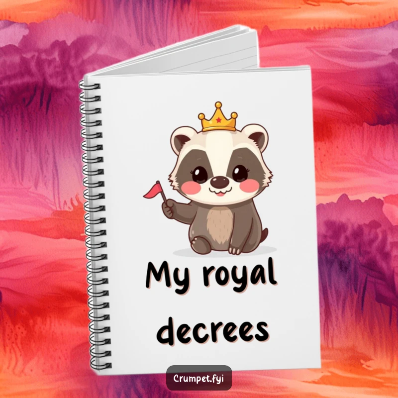 Funny Badger Crown Flag Notebook: A smiling badger in a tiny crown waves a small flag, perfect for jotting witty thoughts.