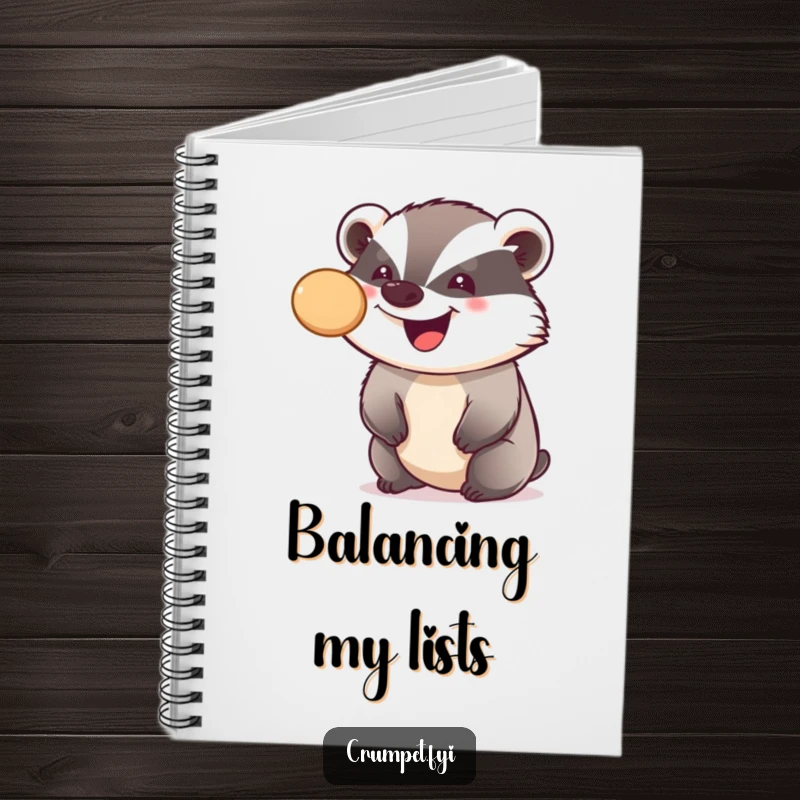 Funny notebook featuring a smiling badger balancing a crumpet on its nose, ideal for note-taking with a humorous and precise flair.