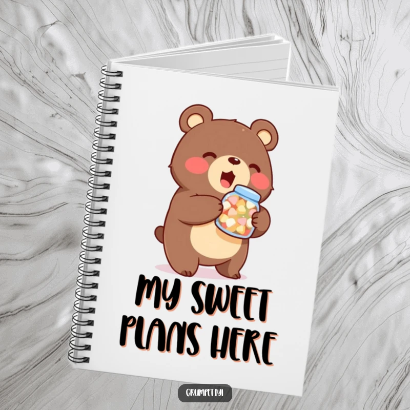 Funny bear notebook, journal, stout character holding sweets jar, enthusiastic cartoon, stationery gift.