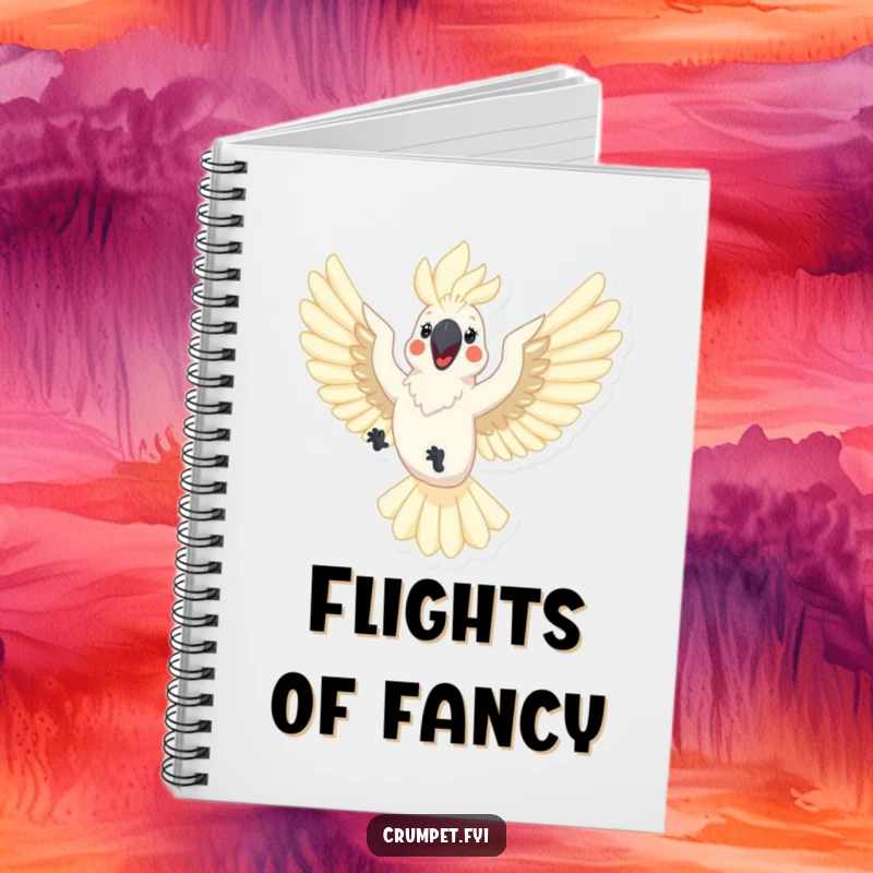 Funny cockatoo notebook with a happy cockatoo flying with outstretched wings. Ideal for journaling, note-taking, or sketching with a touch of joy.