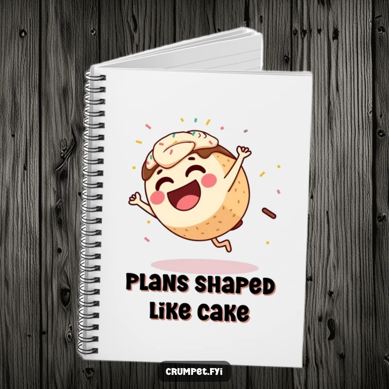 Funny Coffee Cake Notebook cover with a laughing character doing a cartwheel, sprinkles flying, perfect for jotting down funny ideas.