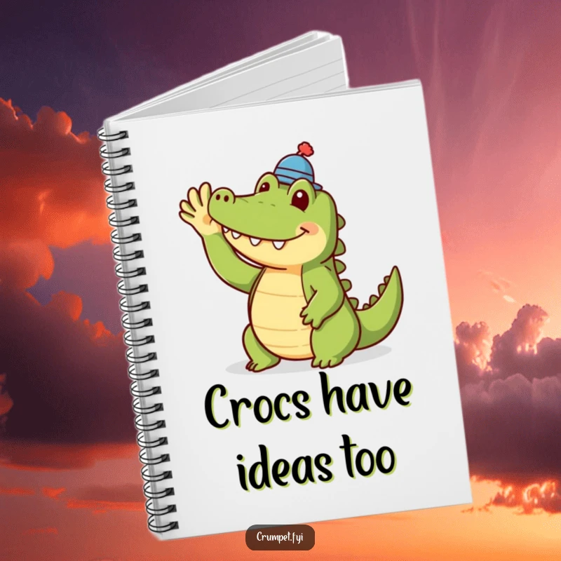 Funny crocodile notebook with a smiling crocodile in a tiny hat. Ideal for note-taking, journaling, or doodling with a touch of humor.