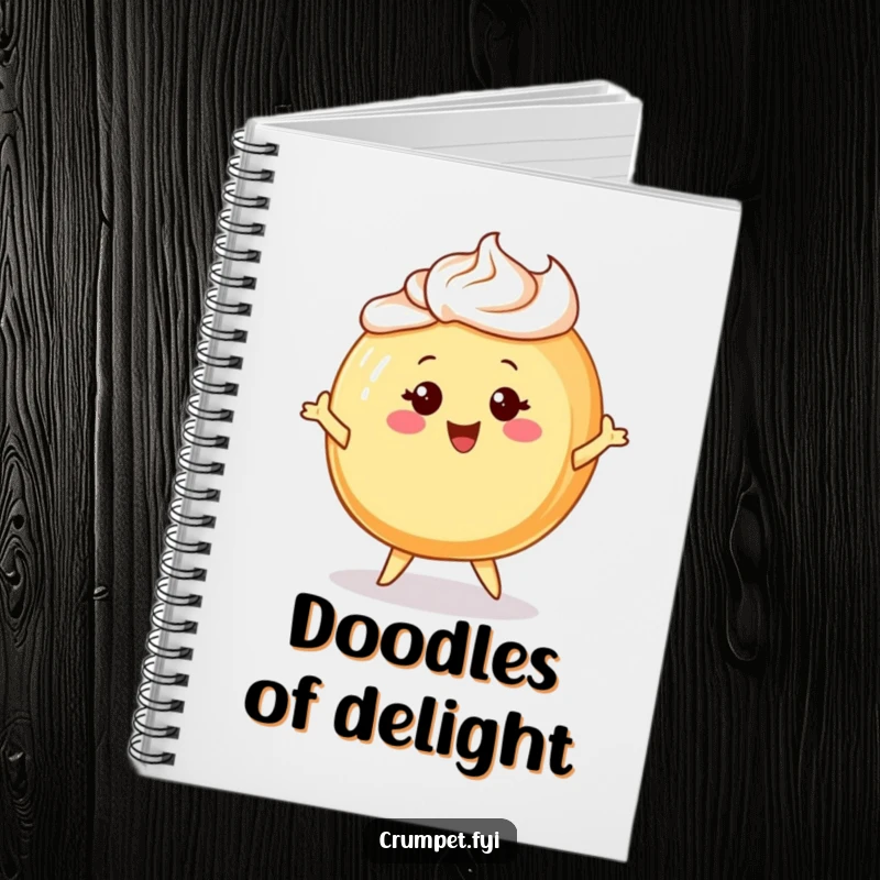 Funny notebook with a cheerful Danish pastry character with frosting hair, happily twirling, perfect for journaling.