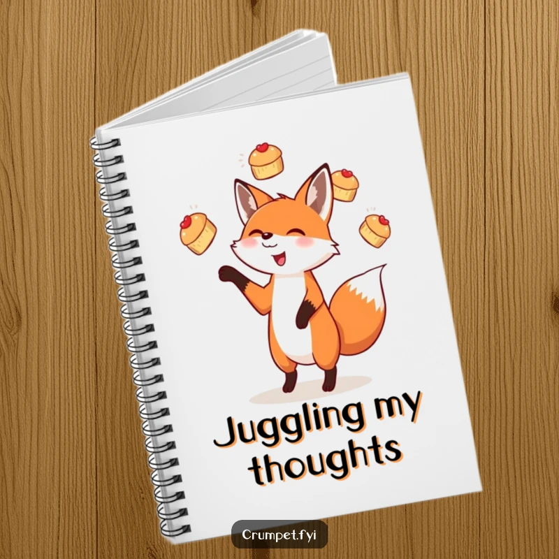 Funny notebook featuring a delightful fox juggling scones, ideal for recipe writing and note-taking with a humorous flair.