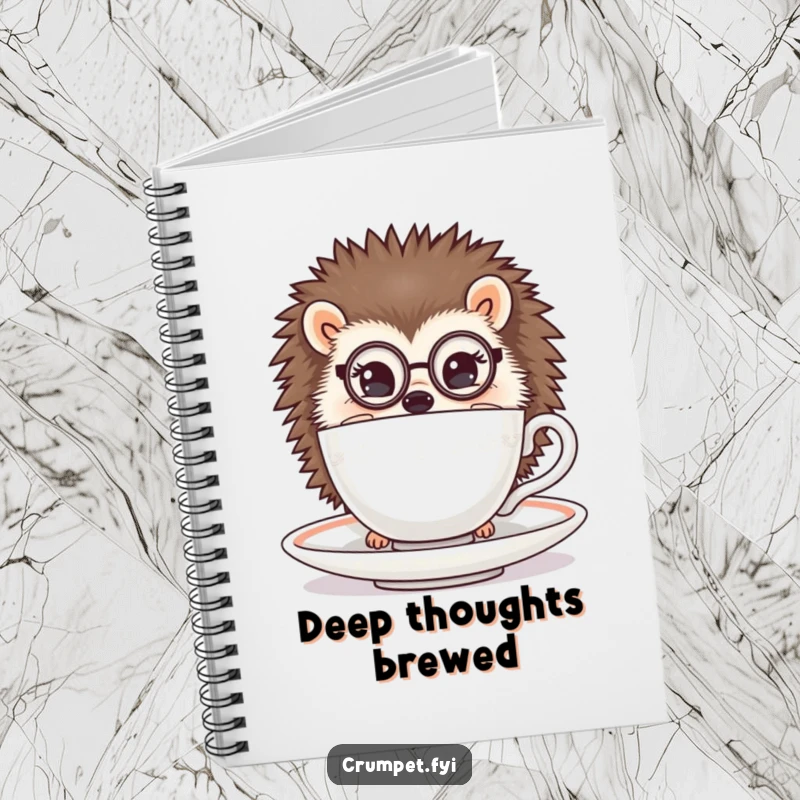 Funny hedgehog notebook with a hedgehog wearing a monocle peeking from behind a teacup, perfect for writing and gift.