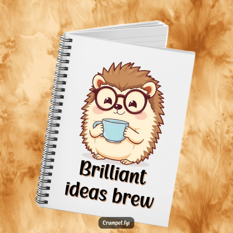 Funny hedgehog with spectacles holding a steaming teacup in a ruled notebook. A cozy funny gift.
