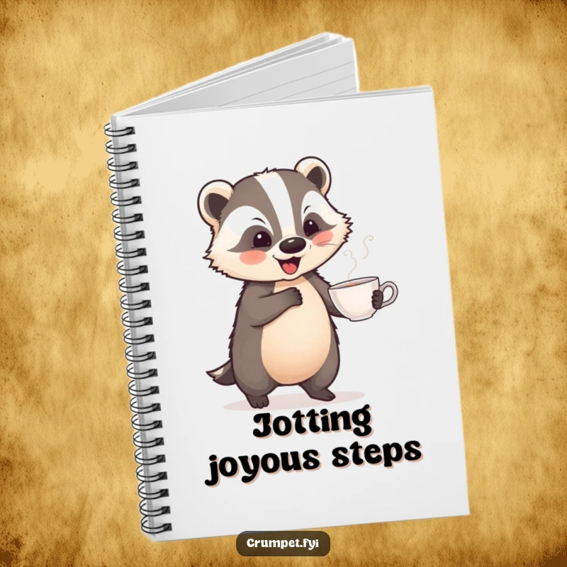 Funny notebook cover with a playful badger performing a jaunty dance with a teacup, designed for jotting down fun ideas.