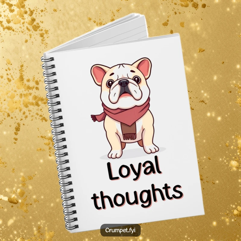 Funny proud bulldog wearing a scarf, standing tall, on the cover of a notebook, ideal for funny gift.