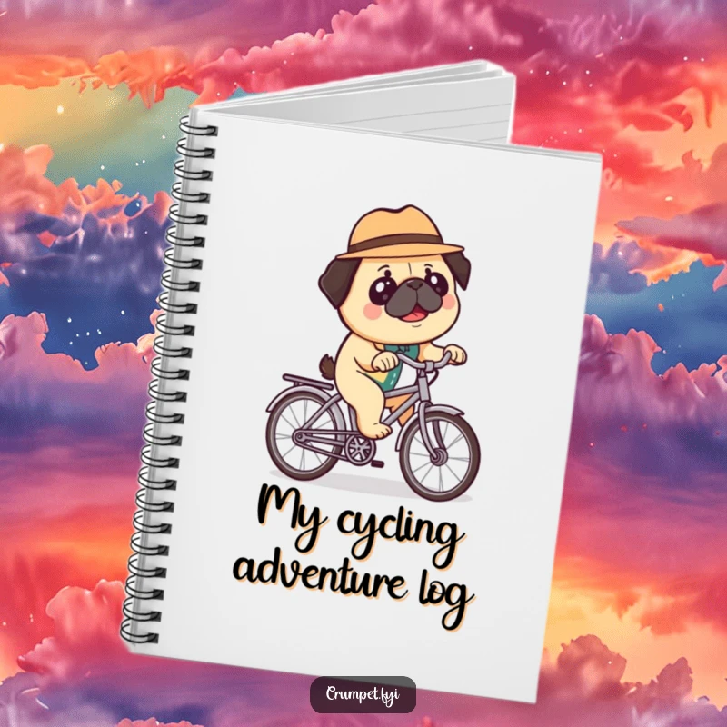 Funny notebook with a happy pug in a bowler hat riding a miniature bicycle, perfect for jotting notes with a dose of charming, quirky humor.