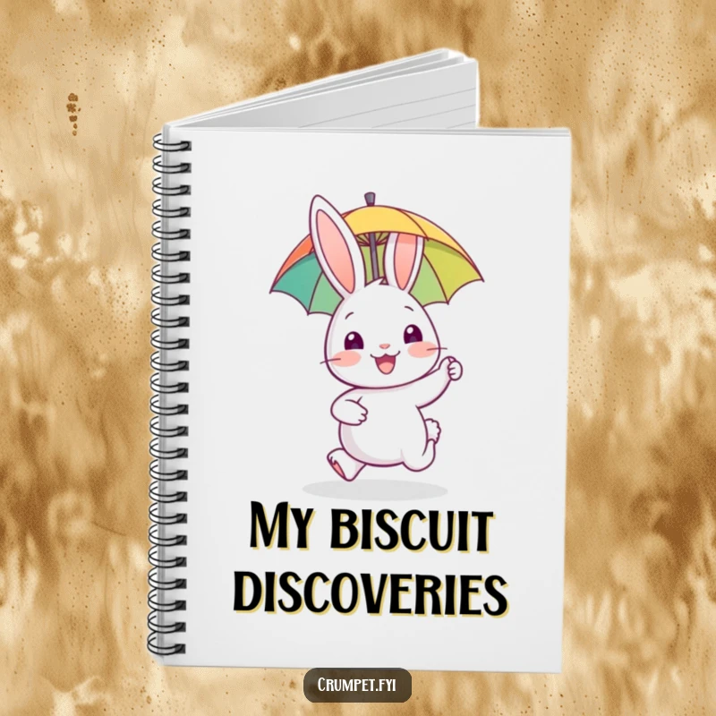 Funny rabbit notebook, journal, happy animal hopping with biscuit, cheerful cartoon design, stationery gift.