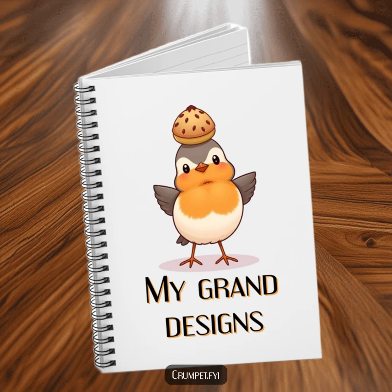 Funny proud robin balancing a scone on its head on a ruled notebook, British bird design.