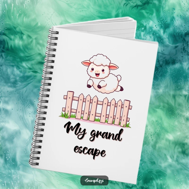 Funny sheep notebook featuring a fluffy sheep joyfully leaping over a picket fence, perfect for capturing humorous thoughts and ideas.