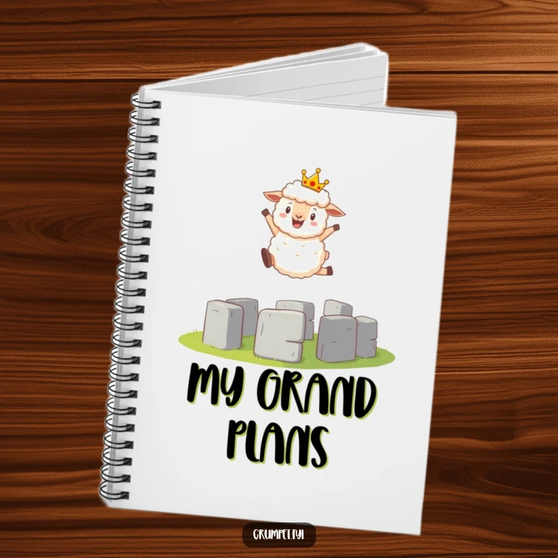 Funny Notebook: A fluffy sheep with a crown is depicted leaping over a miniature Stonehenge.