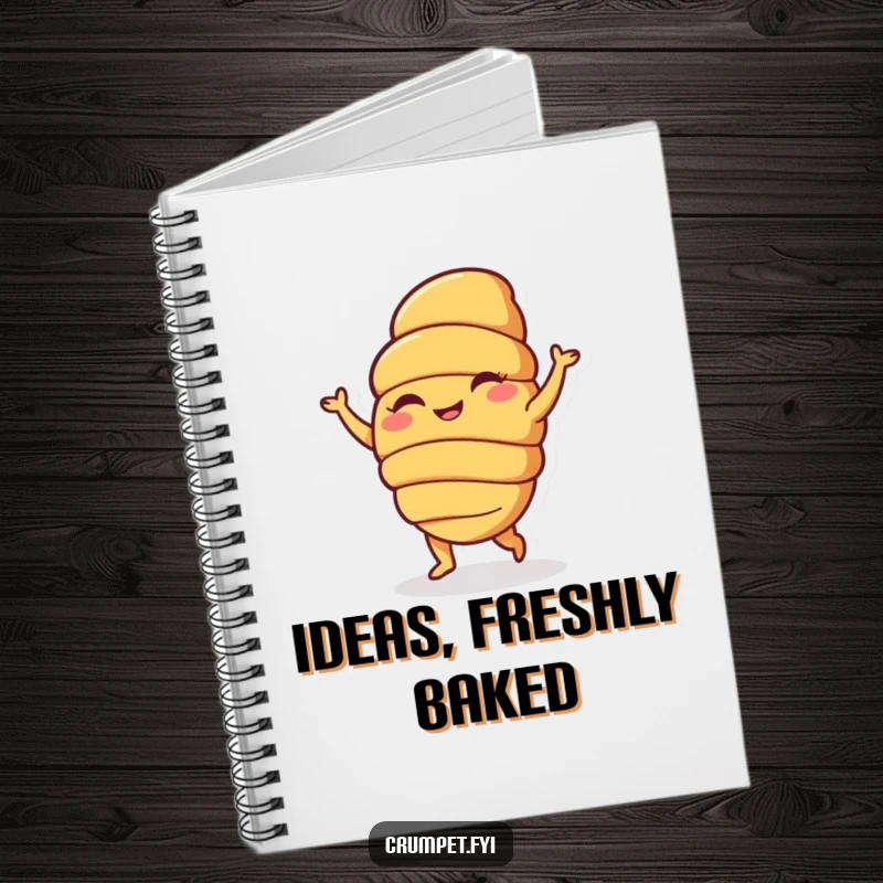 Funny notebook with a happy croissant character doing a silly dance, ideal for capturing notes with baked goods charm and humor, perfect funny gift.