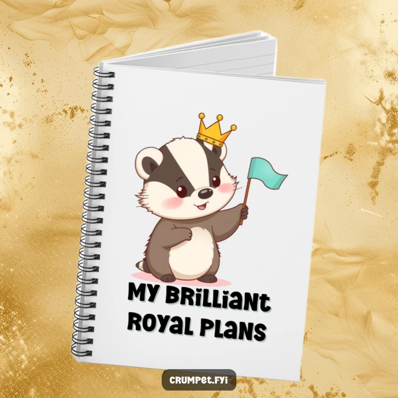 Funny Notebook featuring a cute badger with a crown, happily waving a flag, ideal for jotting down funny thoughts.