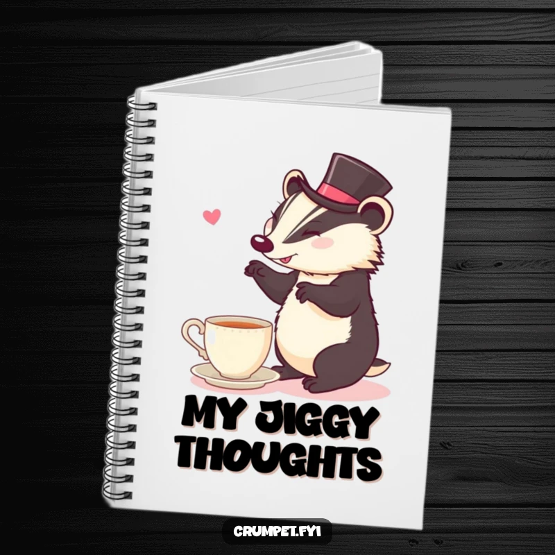 Funny Notebook: A cheerful badger in a top hat is dancing near a cup of tea.