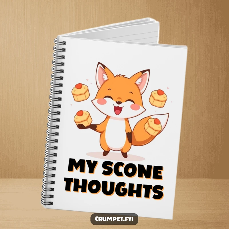 Funny notebook cover featuring a joyful fox juggling three tiny scones, perfect for capturing ideas.