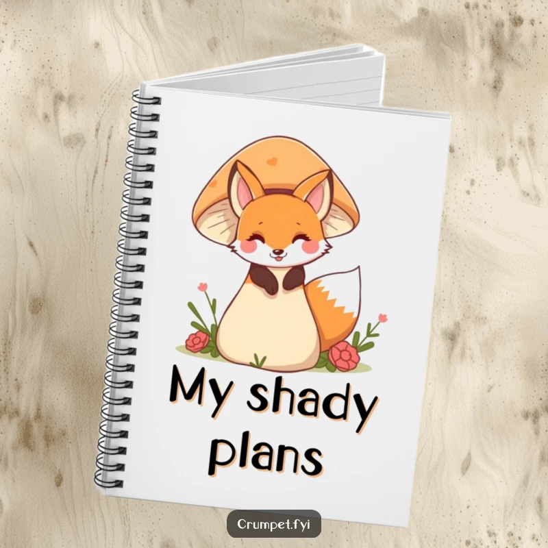 Funny fox notebook showing a mischievous fox peeking from behind a mushroom, ideal for capturing imaginative ideas and notes.