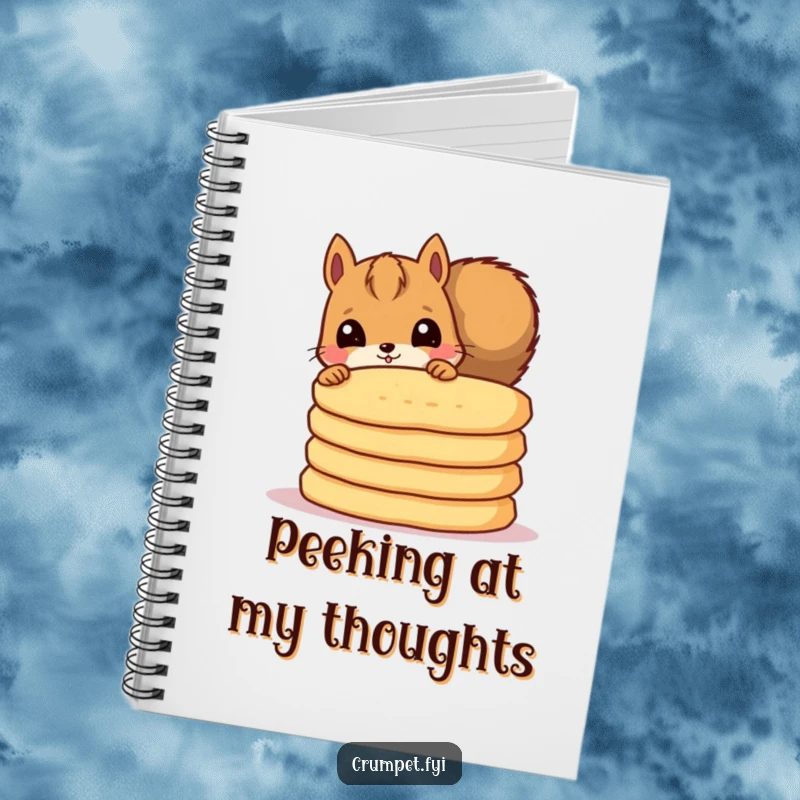 Funny notebook with a curious squirrel peeking from behind crumpets, encouraging fun note-taking.