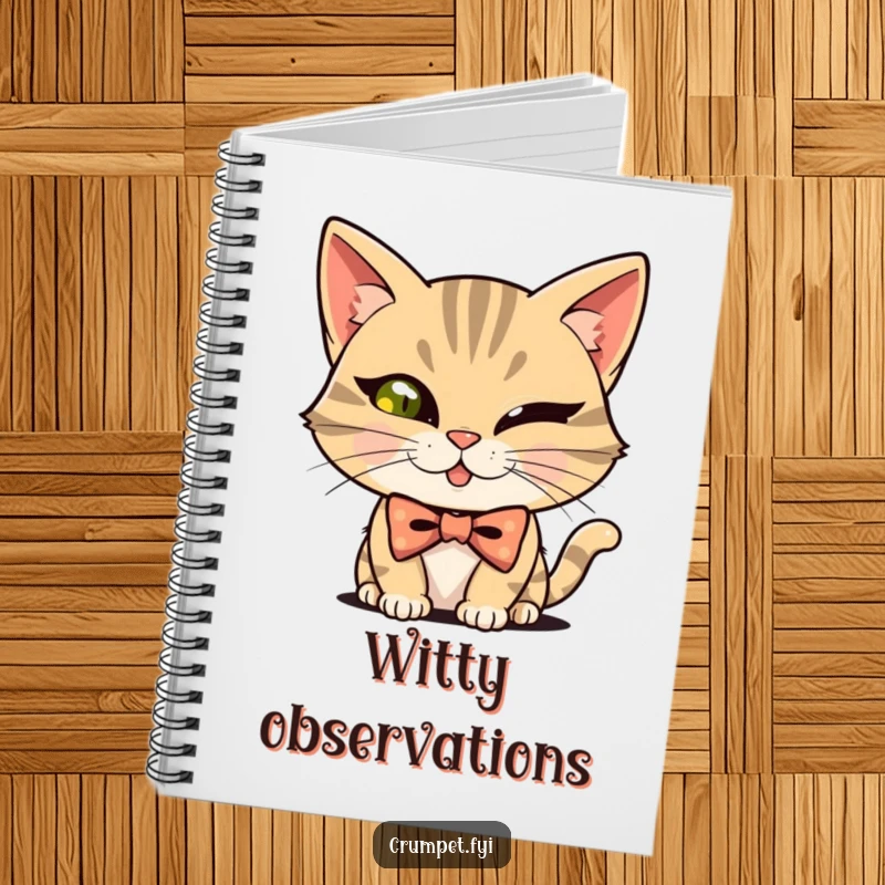 Funny mischievous cat wearing a bowtie, winking, on the cover of a notebook, ideal for funny gift.