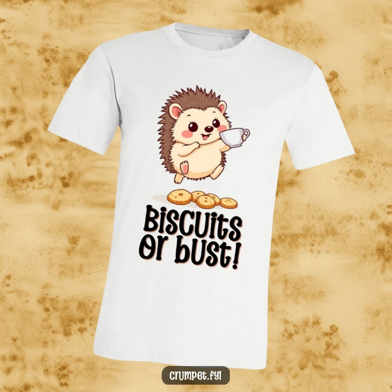 Funny Hedgehog T-Shirt: A cheerful hedgehog with a teacup leaps over biscuits, showcasing a humorous and active tea break.