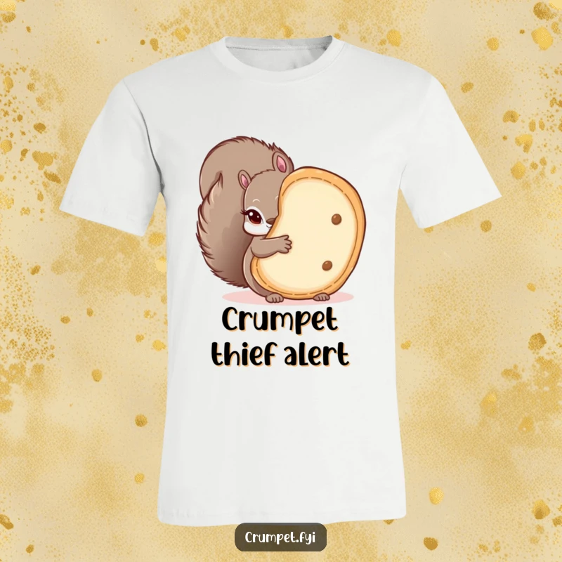 Funny t-shirt depicting a mischievous squirrel playfully peeking from behind a large crumpet, offering a humorous and lighthearted design.